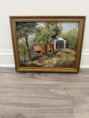 Original oil painting of a covered bridge English landscape artist Enid Crowther
